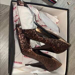 NaNa Sparkling Bronze Peep-Toe Heels. Never worn